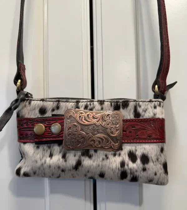 Genuine cowhide & tooled leather small shoulder bag with buckle strap