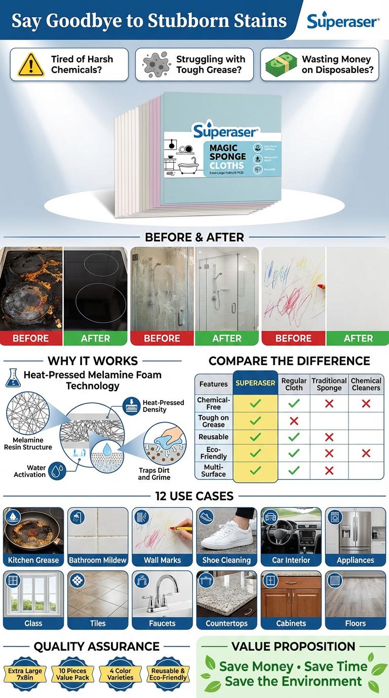 Superaser Magic Cleaning Sponge Cloth All Purpose for Home Cleaning Chemical Free Magic Sponge Water Only Cleaning for Kitchen Shoes Wall