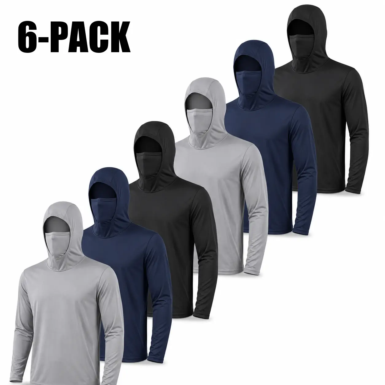 Men's 6-Pack Hooded Work Shirts - Male, Polyester, Built-In Face Cover, UPF 50+ Sun Protection, Long Sleeve, Quick Dry, Machine Washable, All Seasons for Construction, Landscaping