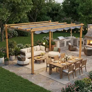 10 x 13 ft Wood-Grain Aluminum Pergola Outdoor Pergola with Retractable Canopy, Heavy Duty Metal Gazebo Frame Gazebo,BBQ Canopy for Outdoor Patio,Backyard Deck, Garden, Grape Trellis