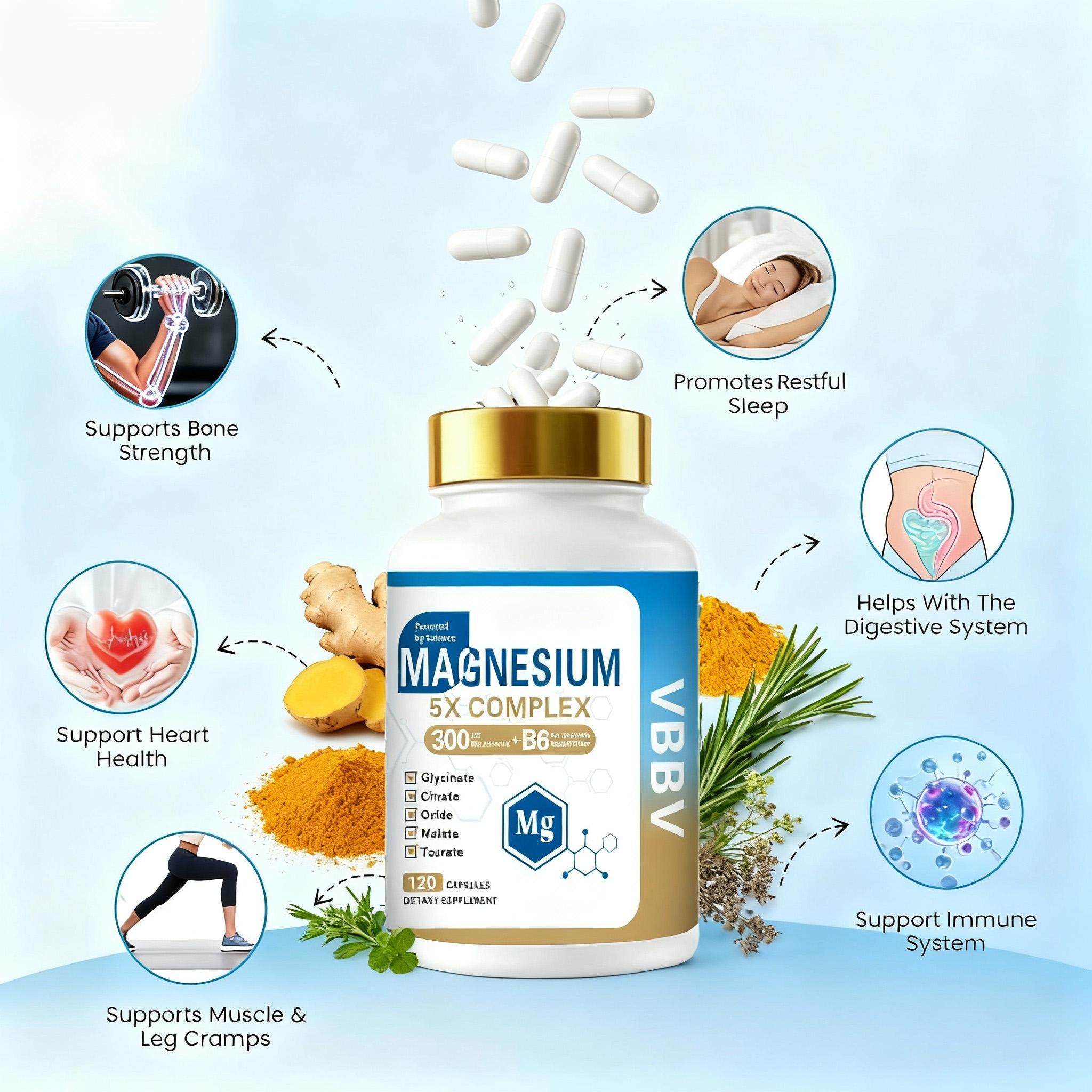 VBBV 5X Magnesium Supplement 1100mg for Sleep, Muscle, Heart & Nerve Support - 120 Capsules Dietary Vitamins joint  replacement joint pain relief