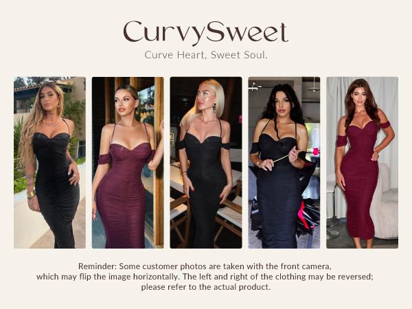 CurvySweet SDK0574A Women's Elegant Off-Shoulder Bodycon Dress with Built-In Bra Support, Cross-Back Strap & Split Hem, Ruched Mesh Midi Slim Dress for Christmas Party & Formal Cocktail Events
