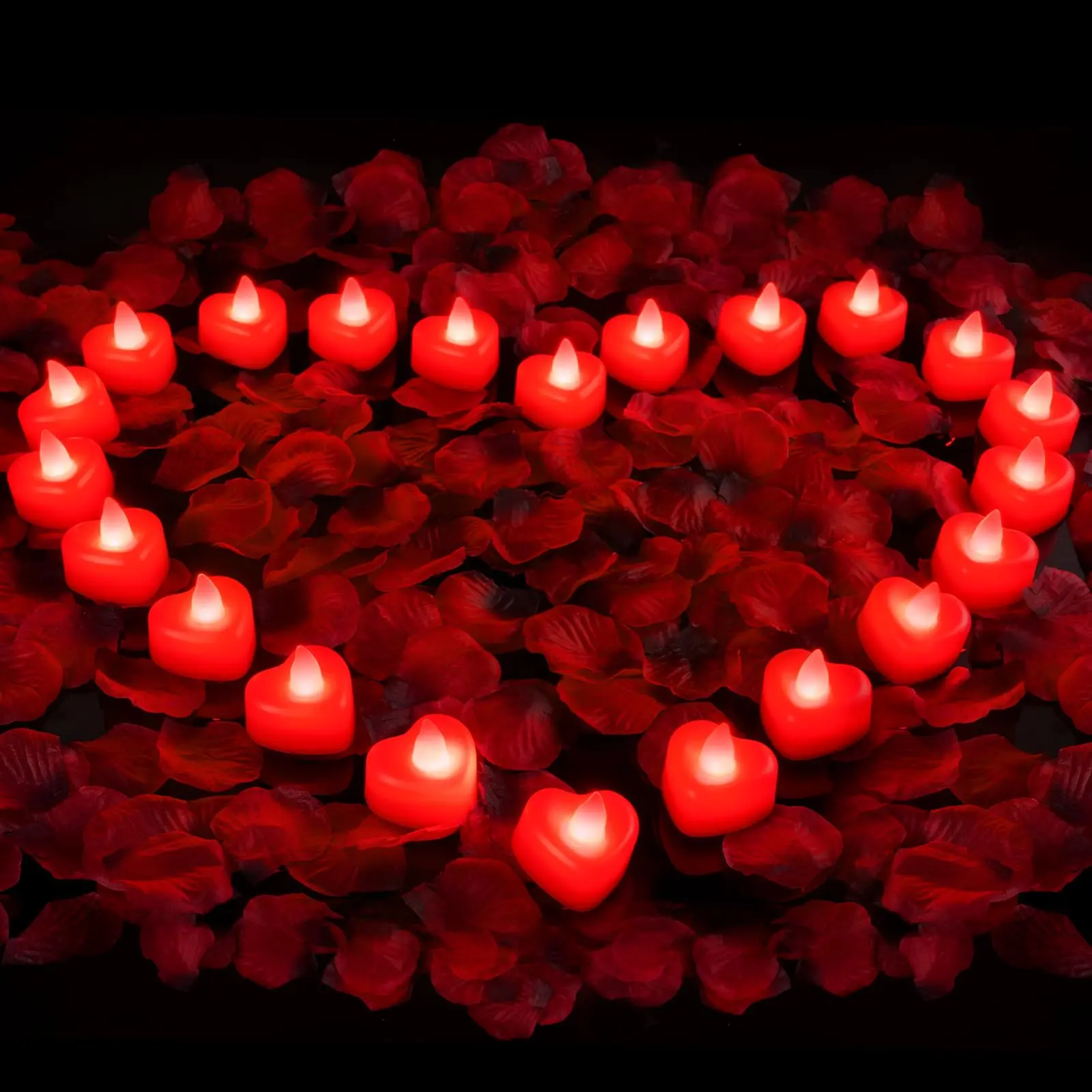 Amagic Non-Toxic Synthetic Red Artificial Rose Petals & Candle Lights Set - 6000 Petals, 72 Red Heart LED Tea Lights with Batteries for Valentines Day, Proposal, Dates (Festive Home & Party Decor)