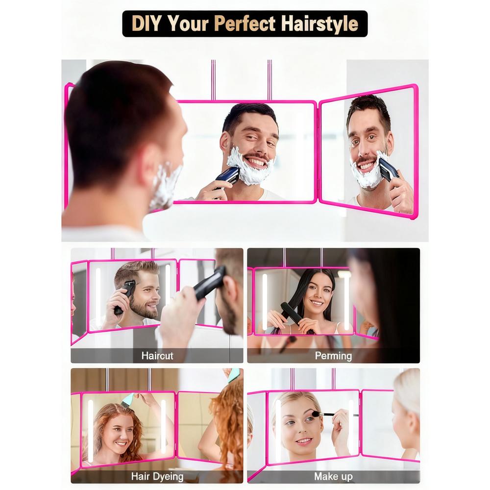 USB Rechargeable LED Makeup Mirror 3 Way 360 Trifold LED Mirror For Hair Cutting Wall-Mounted With Adjustable Lights Ideal Gifts For Men Women