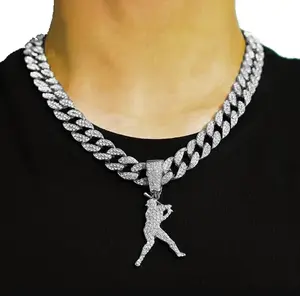 Iced Silver Baseball Player Swingman Pendant Chain Cuban Necklace Iced Silver Baseball Player Swingman Pendant Chain Cuban Necklace