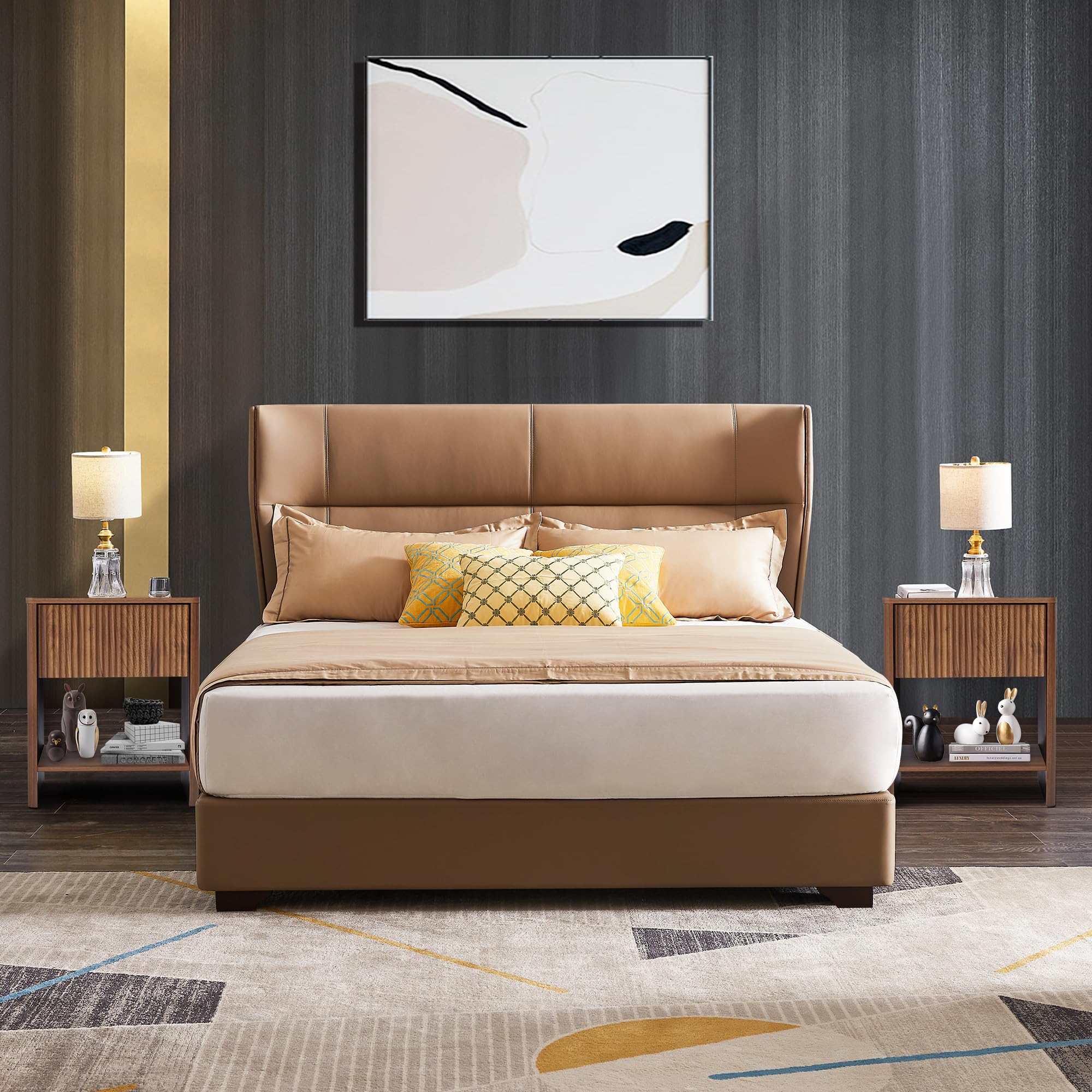 Giratree 2 Piece Mid-Century Modern Nightstand Set, Farmhouse Bedroom Nightstand, Small Side Table with Storage, Recessed Cabinet Wood Nightstand