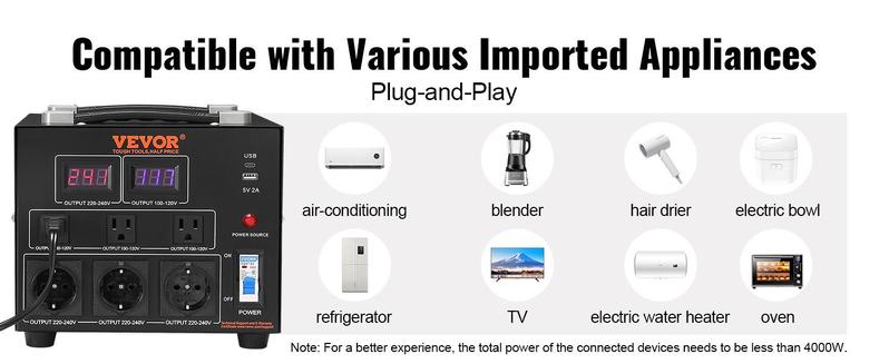 VEVOR Voltage Converter Transformer, Various specifications, Heavy Duty Step Up/Down Transformer, Convert from 110 Volt to 220 Volt and  from 220 Volt to 110 Volt, with US Outlet EU Outlet 5V USB Port, CE Certified