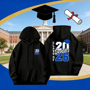 Class of 2026 Senior Graduation Hooded Sweatshirt - Men'S Black with Blue Diploma Graphic & Number 26 Design, Comfortable Hooded Sweatshirt with Pockets, Graduation & Diploma Print for & Gown Alternative hoodie fashion retro vintage y2k