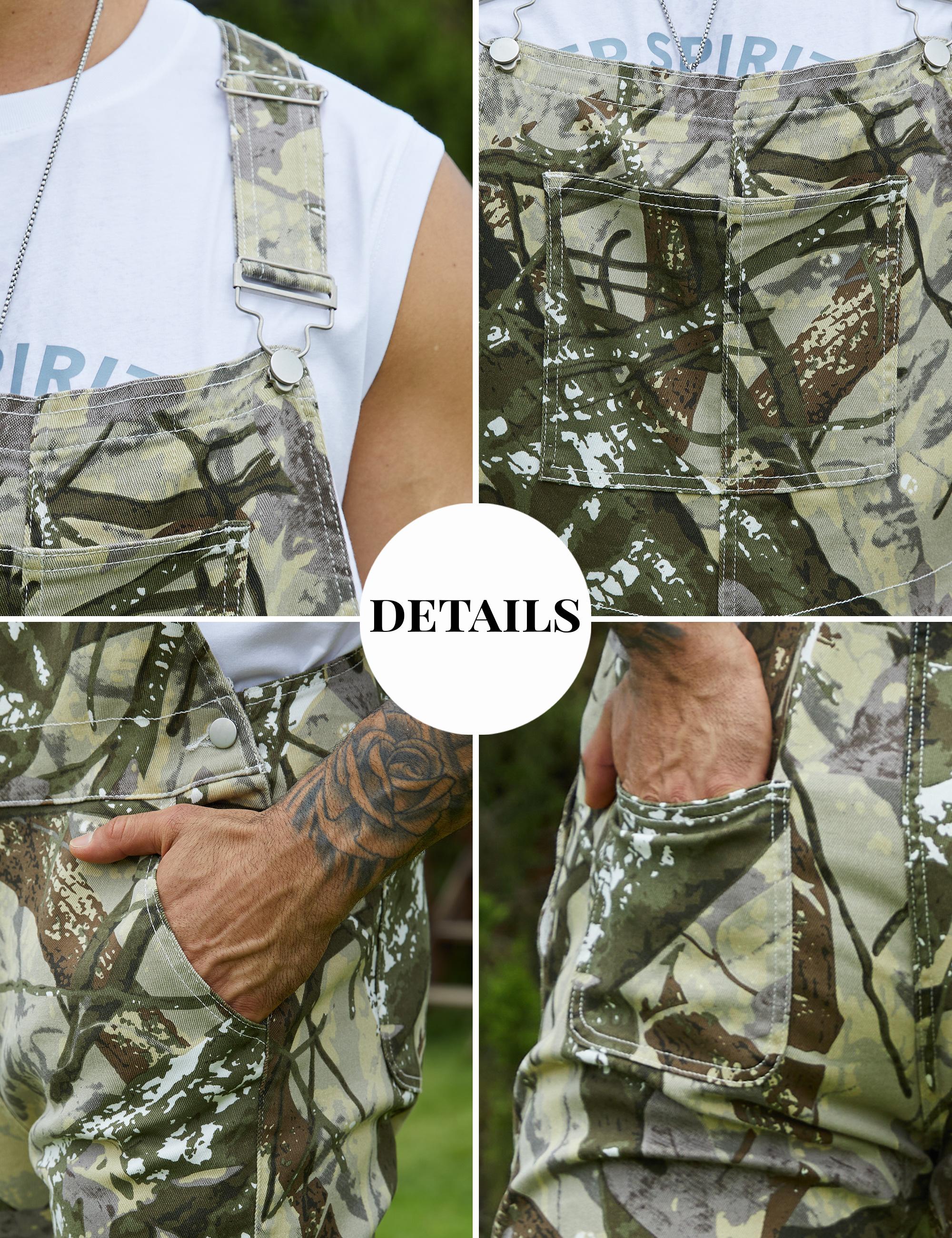 Yuanbang Men's Loose Pattern Adjustable Stretchy Overalls Fashion Camo Pattern Denim Bibs Coveralls Pockets Jumpsuit with Zipper Fall Winter Menswear Camouflage Redneck Party Outfit