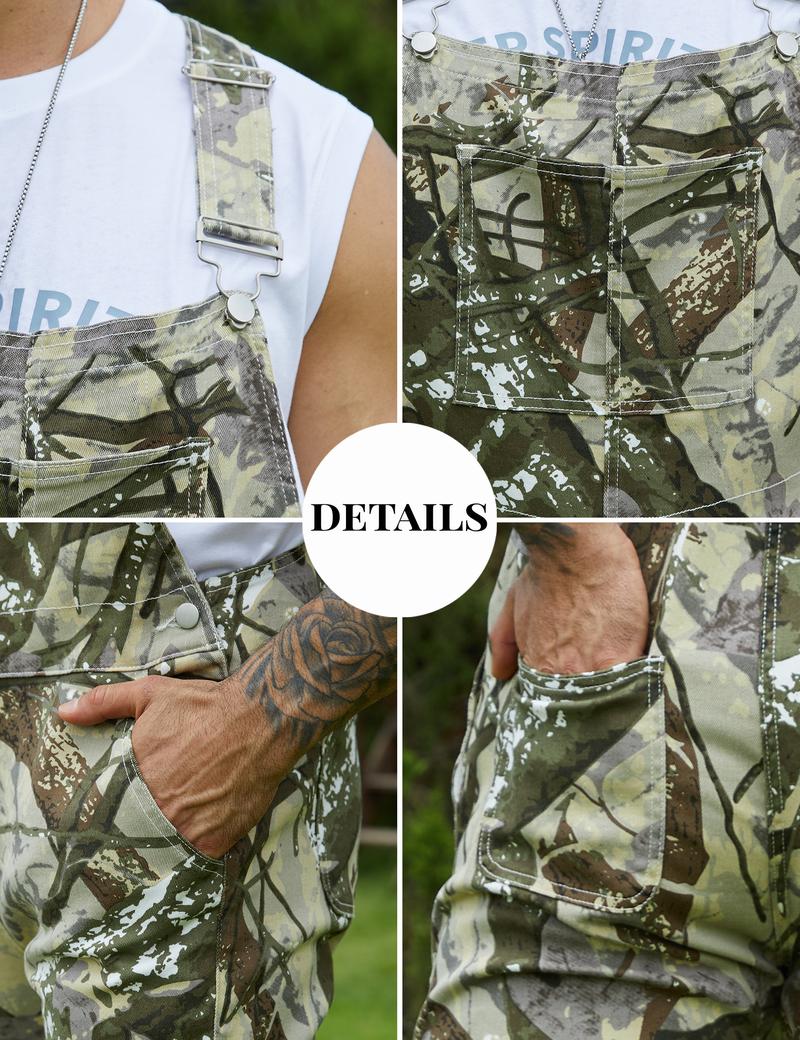 Yuanbang Men's Loose Pattern Adjustable Stretchy Overalls Fashion Camo Pattern Denim Bibs Coveralls Pockets Jumpsuit with Zipper Fall Winter Menswear Camouflage Redneck Party Outfit