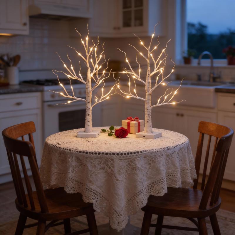 Set of 2 LED birch lights for Valentine’s Day, battery-powered, artificial birch tree lighting, suitable for bedroom bedside lamps, living room TV stands, dining tables, and studies; ideal for spring, Easter, birthday scenes; all-season decorative lights