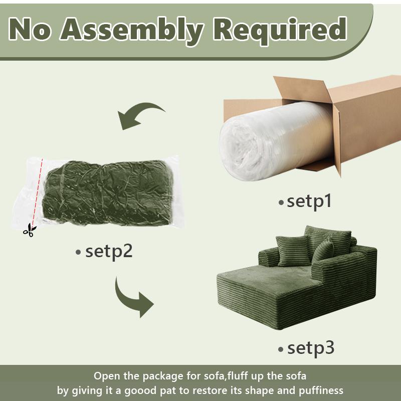 Oversized Boneless Chaise Lounge Upholstered Sofa Bed with Throw Pillows and Armrests Indoor Sleeper Chair Luxurious Plush Corduroy Chair Bed for Living Room No Assembly Required Black Color