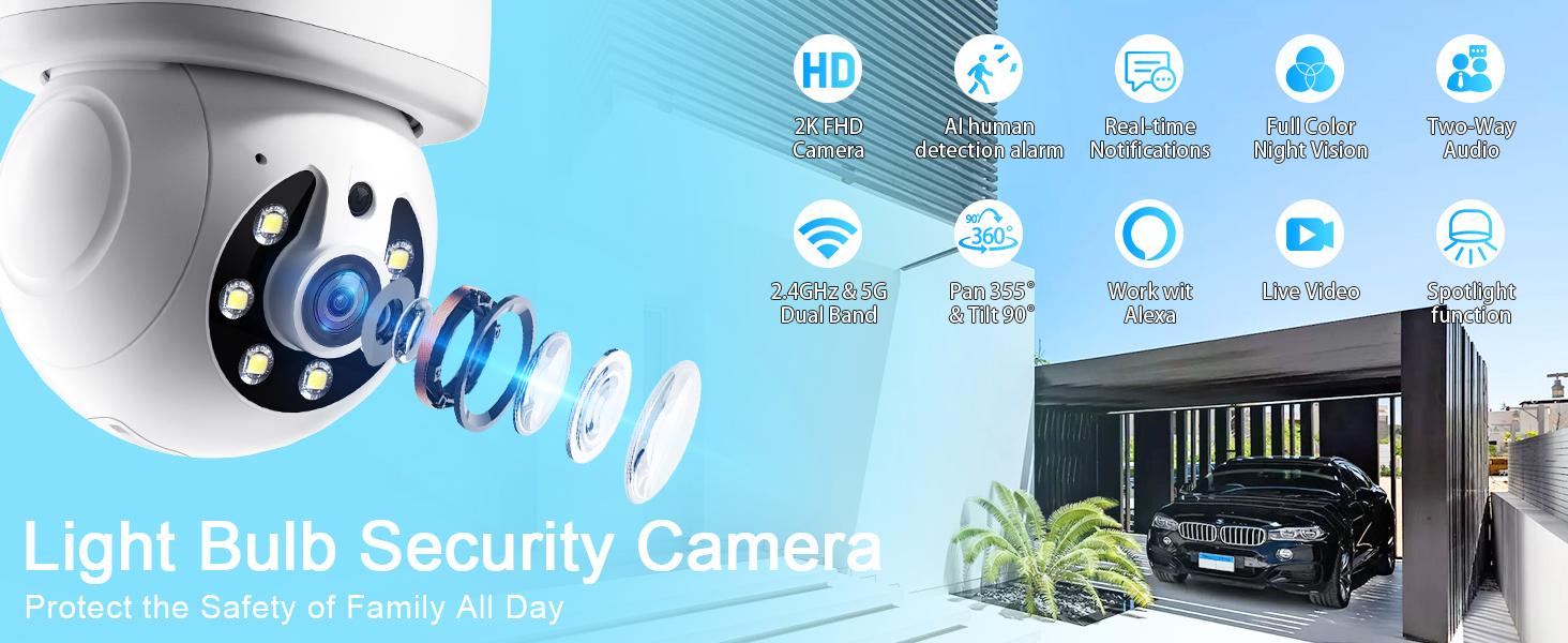 Wireless Light Bulb Security Camera for Home Security,  Auto Tracking, Video Recording, Color Night Vision WiFi Home