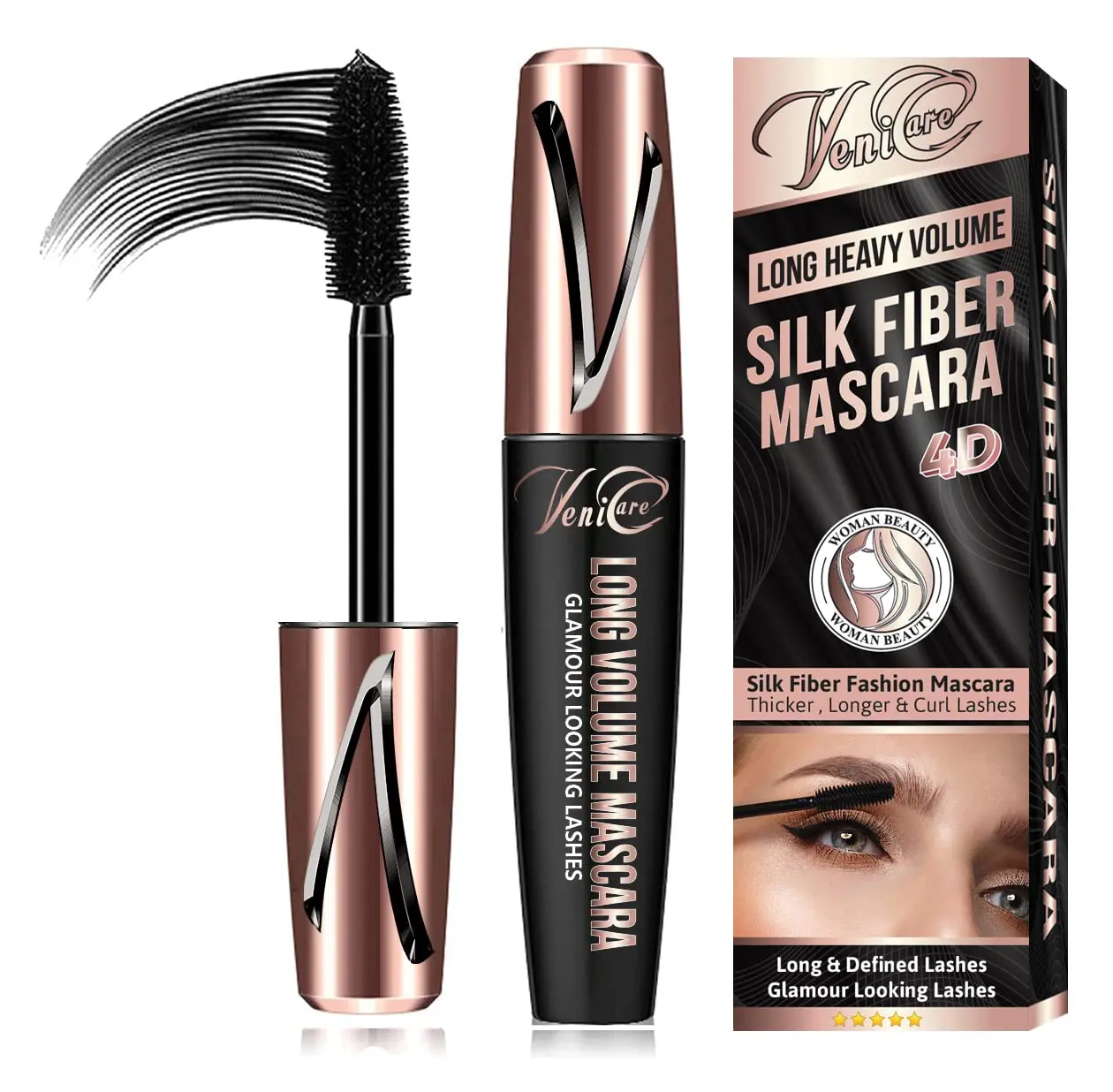 Venicare 4D Silk Fiber Lash Mascara, Lengthening and Thick, Volume, Long Lasting, Smudge-Proof, All Day Full, Long, Thick, Smudge-Proof Eyelashes 1 Pack