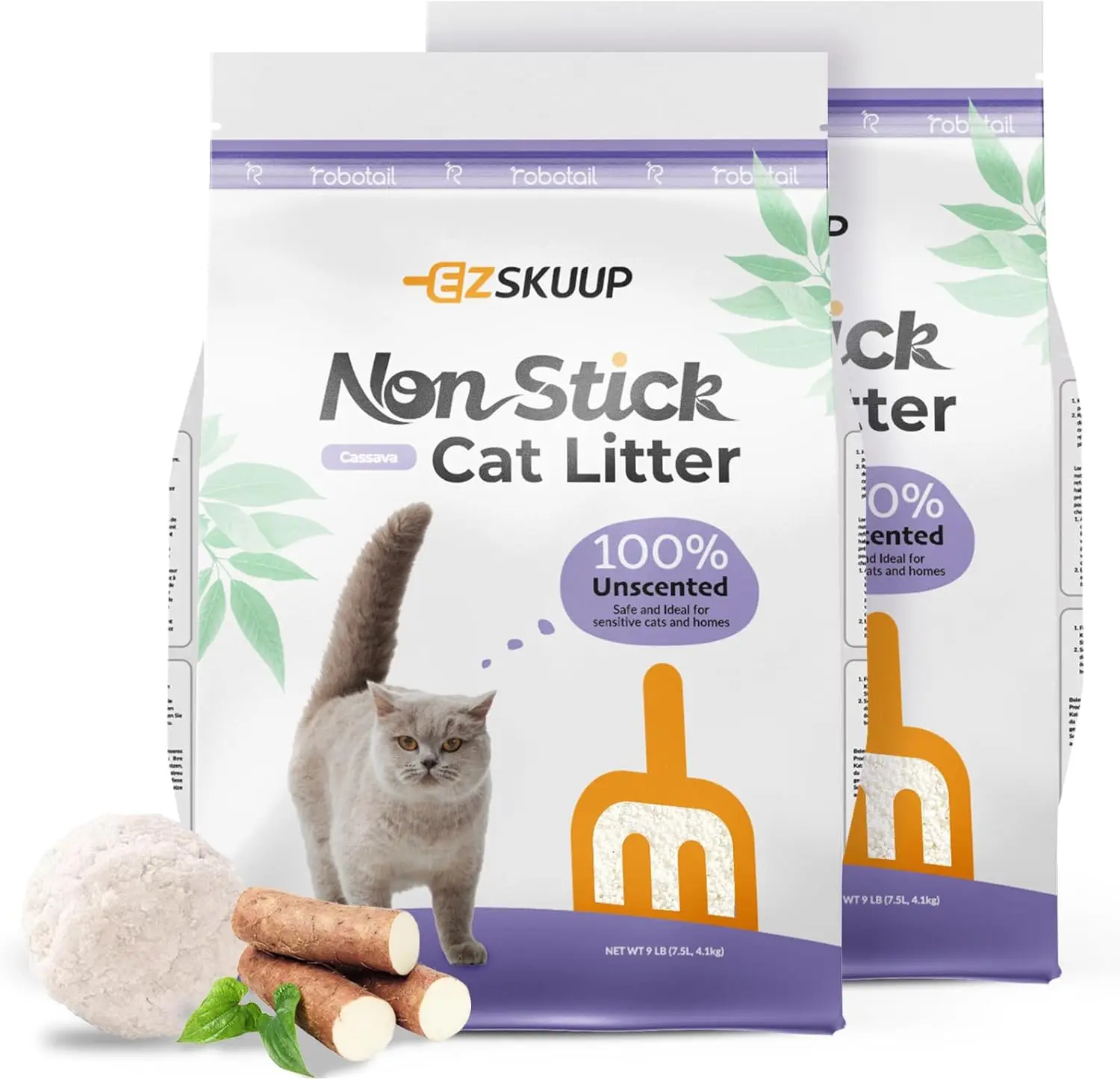 EZSKUUP Ultra-Clumping Non-Stick Cat Litter, Dust-Free & Unscented, Natural Cassava Formula with Powerful Odor Control, Long-Lasting Alternative to Clay Litter, 9 lbs (7.5 Liters) X 2 Packs