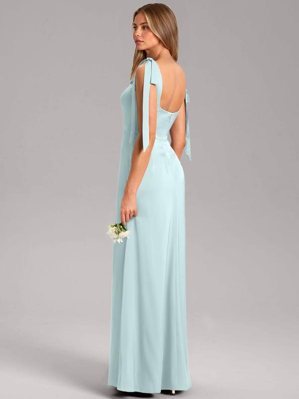Azazie Frostine A-Line Square-Neck Statement-Bow Leg-Slit Wedding Guest Evening Satin Dress