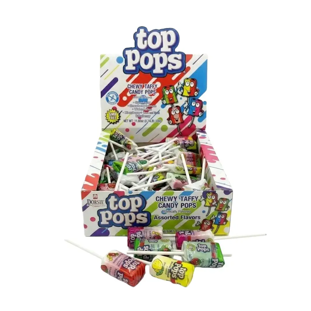 Top Pops Chewy Taffy Candy Lollipops - 48-Count, 11.85oz Assorted Fruity Flavor Candies (Lemon, Strawberry), Bite-Size Giant, Sweet, Gluten-Free, Gelatin-Free Edible Taffy, Display Box Food Party Snacks