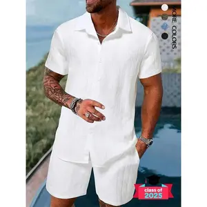 Two piece set of men's solid color short sleeved button up shirt and pocket drawstring waist shorts, casual summer clothing set, men's clothing set, short sleeved Christmas gift prepared for him