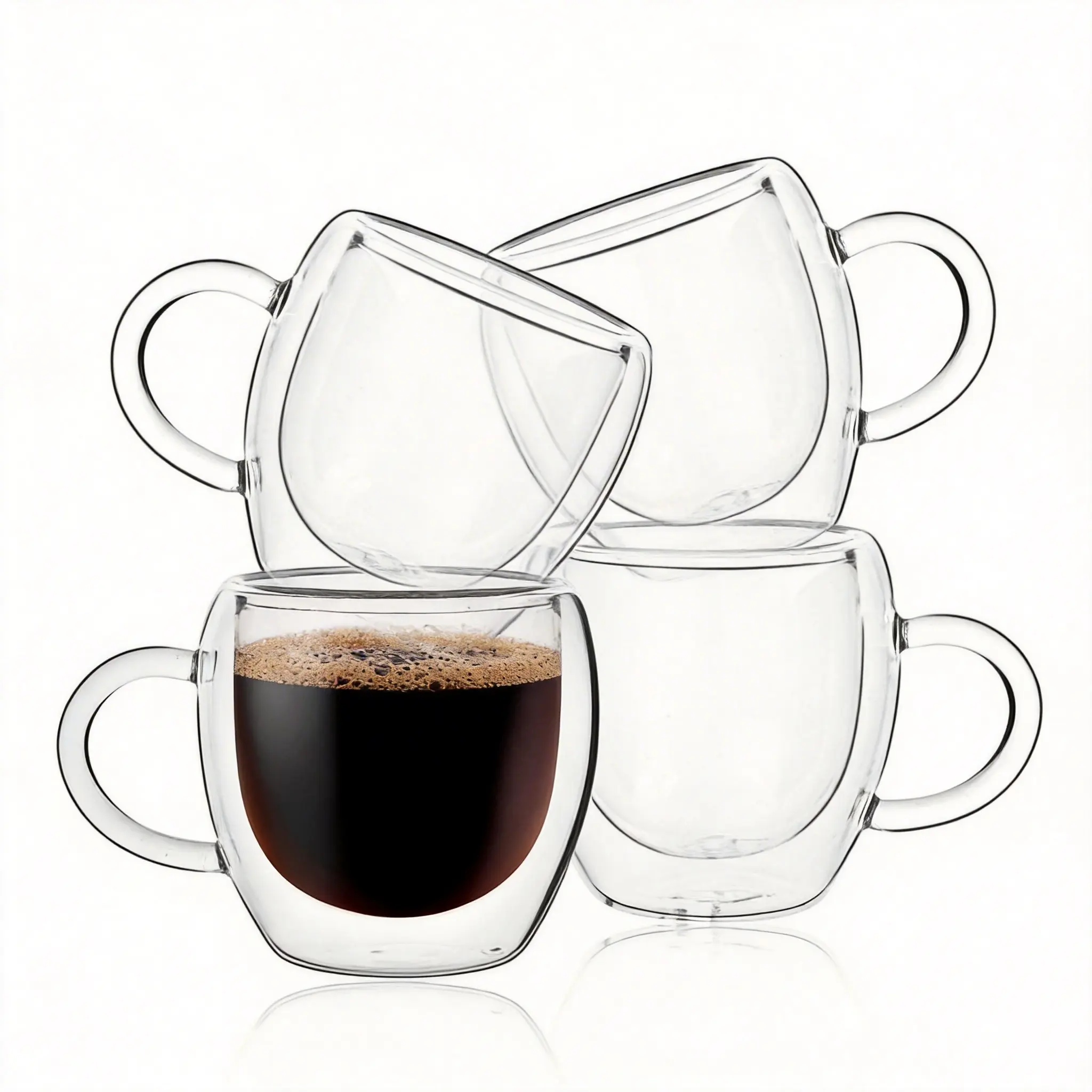 2.5oz Double Walled Espresso Coffee Cups Set of 4 with Handle,Clear Expresso Shot Cup Glasses,Tazas de Cafe Expreso,Drinkware Essentials,Borosilicate sohochic