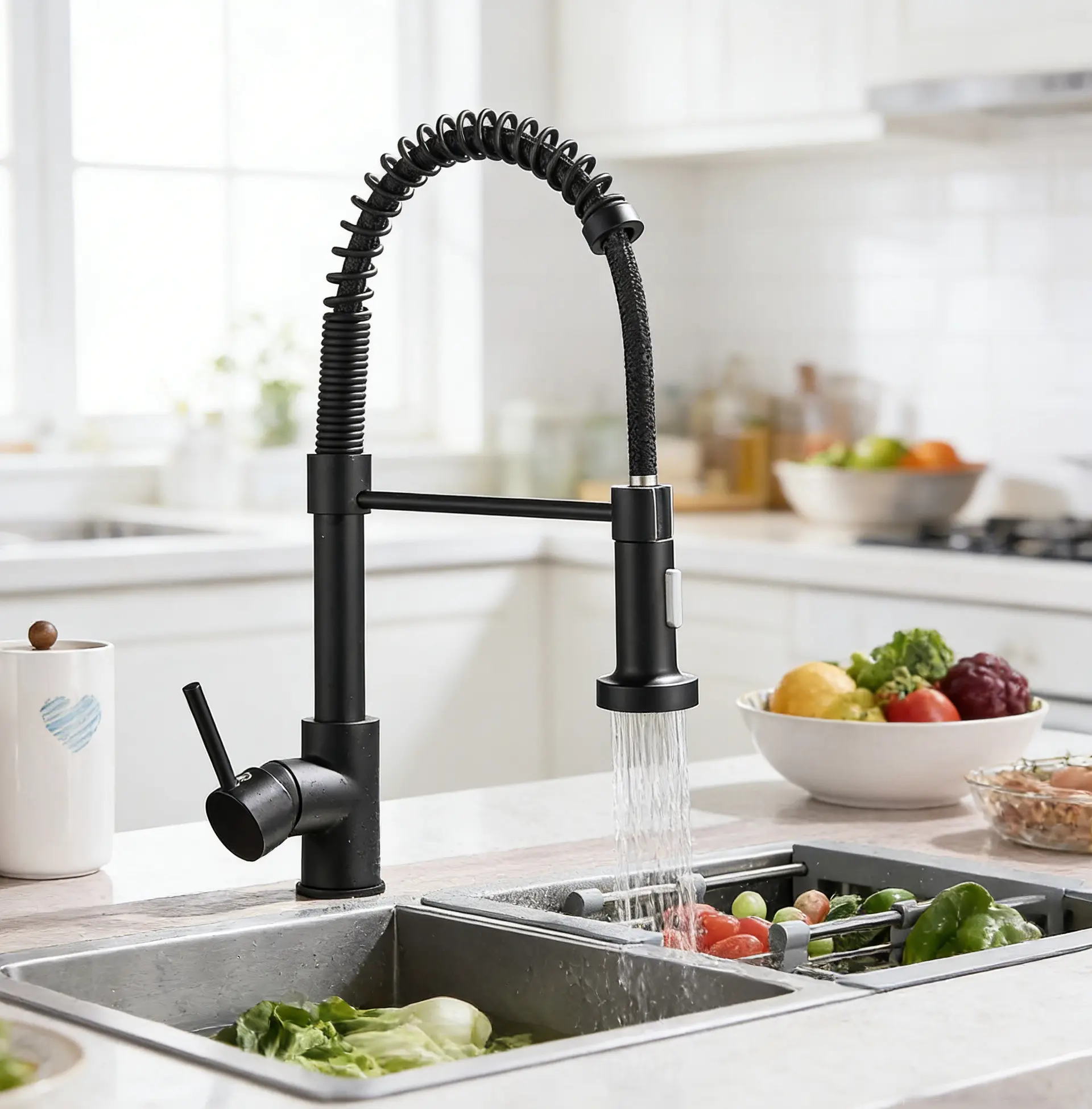 Black Lever Kitchen Tap with Pull-Down Sprayer, Modern Commercial Single-Handle Spring Design, 1-Hole Dual-Function Dual-Outlet, Pre-Assembled Quick-Install for Farmhouse Camper Kitchen Sinks, Lever Kitchen Taps