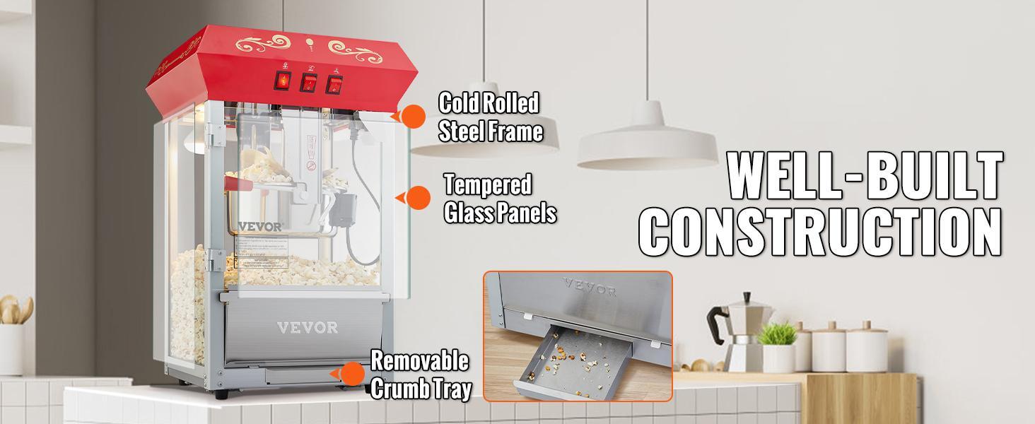 【Father's Day】VEVOR Commercial Popcorn Machine, 8 Oz Kettle, 850 W Countertop Popcorn Maker for 48 Cups per Batch, Theater Style Popper with 3-Switch Control Steel Frame Tempered Glass Doors 1 Scoop 2 Spoons, Red