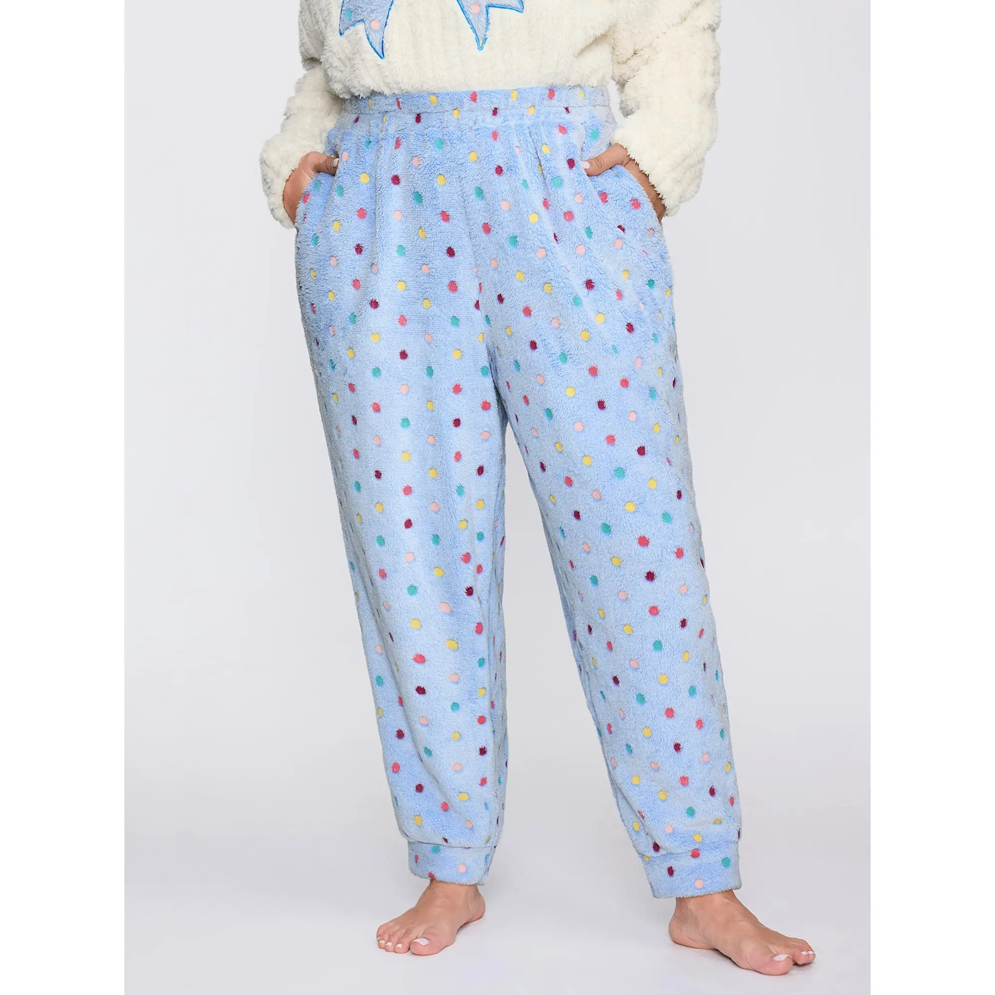BLOOMCHIC Women's Fluffy Textured Polka Dot Polyester Sleeveless Pajama Pants, 2026 Summer Casual Loungewear with Pockets, Machine Washable, Pocket, Pajamas，SohoChic