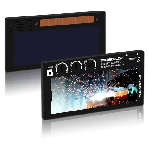 Auto-Darkening Welding Lens - 2x4 1/4in Gold Adjustable, Shade 5-13, Solar-Charged Lithium Ion Cell (Extended Battery Life), True Color View (Enhanced Clarity), Delay Control Dial, FCAW/GMAW Compatible, Standard Hood/Helmet Accessory, Quality Assurance