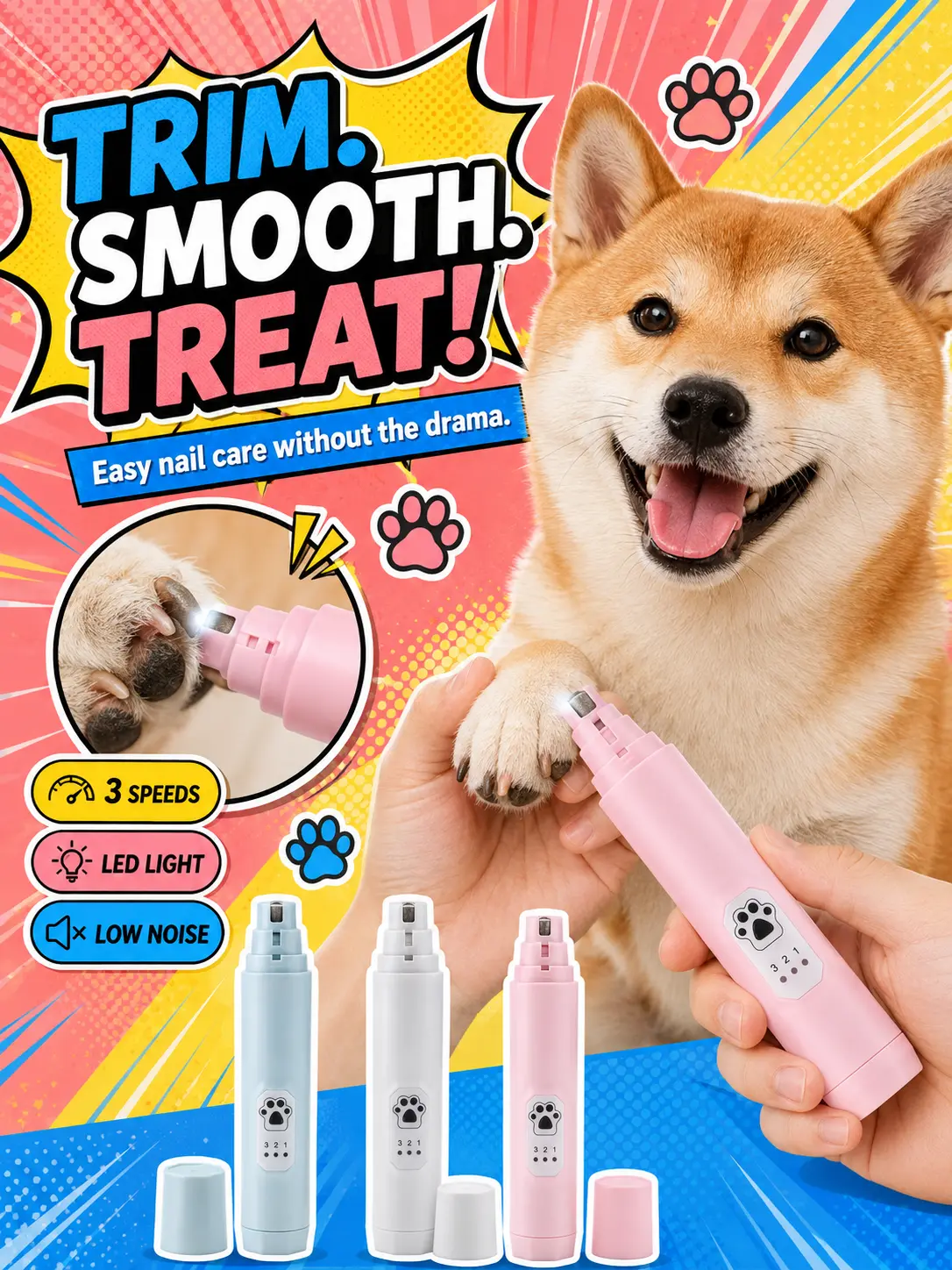 Rechargeable ABS Pet Nail Grinder for Dogs & Cats - Universal, 3 Adjustable Speeds, Low Noise, Low Vibration, LED Light for Safe Trimming & Clear View, Diamond Head for Smooth Finish, Great for Home Care, See Nails Clearly