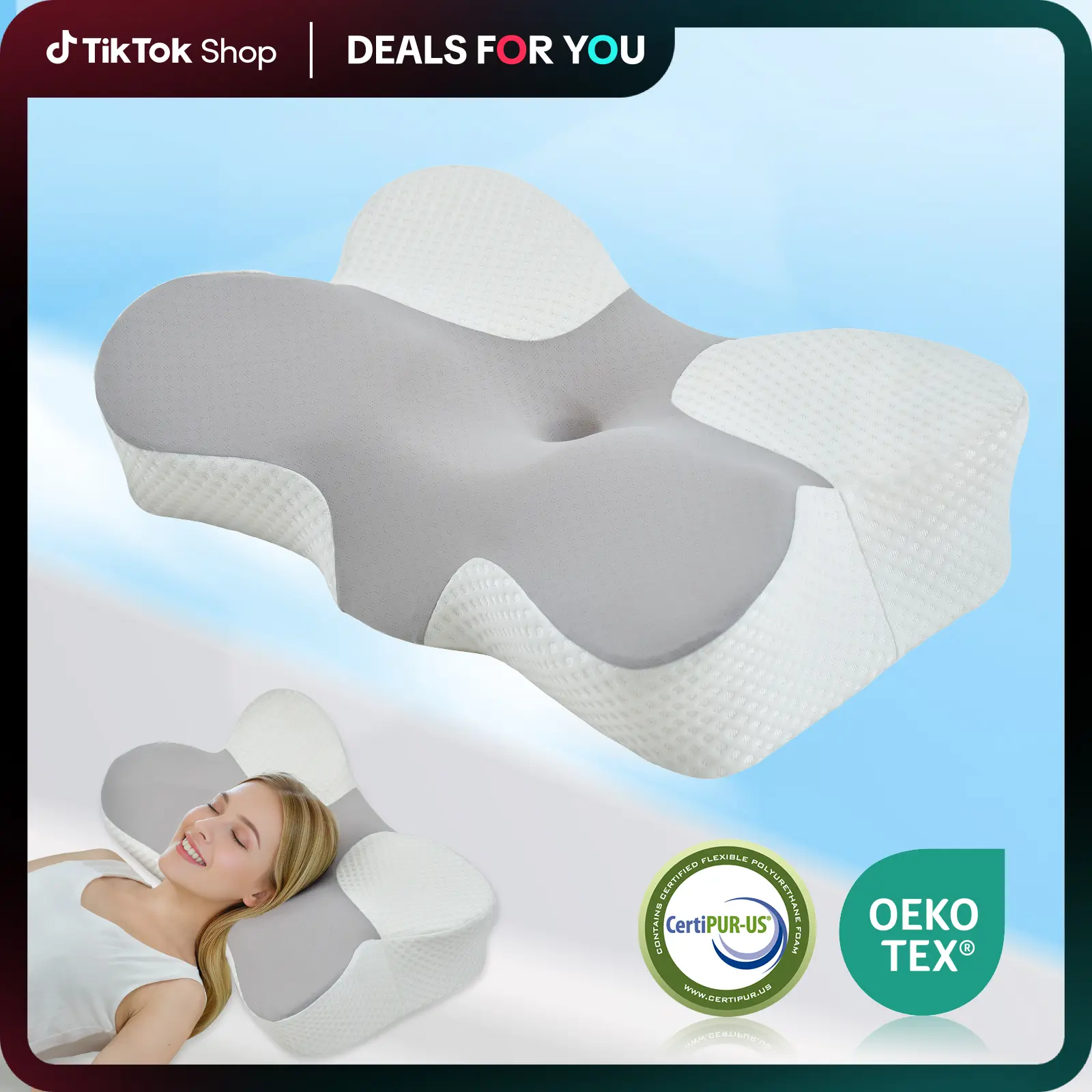 VIZIM Ergonomic Memory Foam Pillow, Adjustable Butterfly Contour Neck Support for Instant Pain Relief, Cooling Orthopedic Bed Pillow, The Perfect Sleep Gift for Family, Home Essentials for Side & Back Sleepers#summervibes