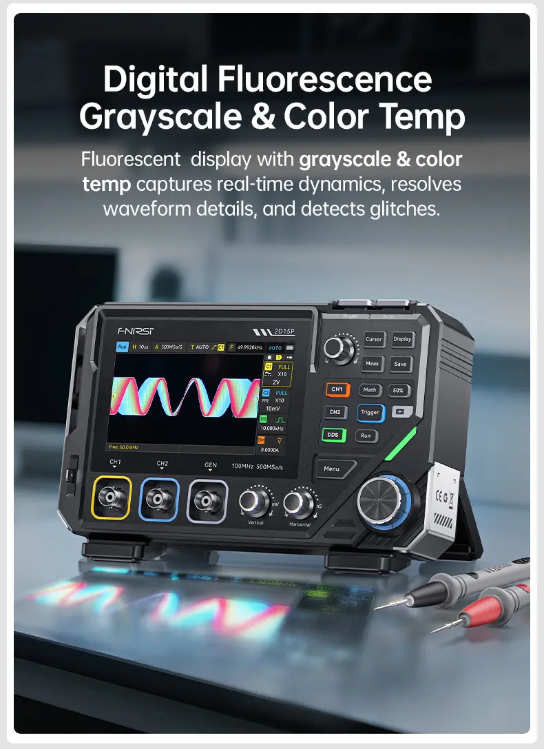 FNIRSI 2D15P Handheld Oscilloscope Multimeter - 3-in-1 Digital 2CH Automotive Tool with 100MHz Bandwidth, 500MS/s Sampling, 19,999 TRMS Counts, 10MHz DDS Signal Generator, 4.3 Touch Screen, 128-Level Grayscale Display, 6 Math Operations, Built-in Cells