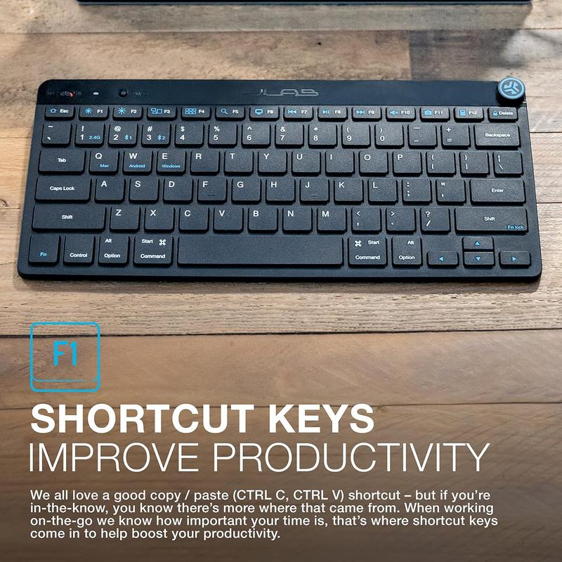 JLab Go Wireless Keyboard, Connect Via Bluetooth or USB Wireless Dongle, Multi-Device Ultra-Compact for a Minimalist or Portable Set-Up