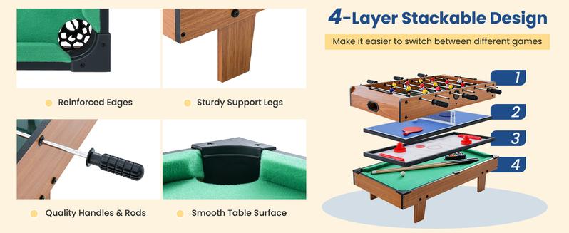 Costway 4-in-1 Multi Game Table, Combo Foosball Game Table Top w/Billiards, Ping Pong, Push Hockey for Home, Game Room, Family Night & Arcade, Wood Combination Game Table Set for Adults