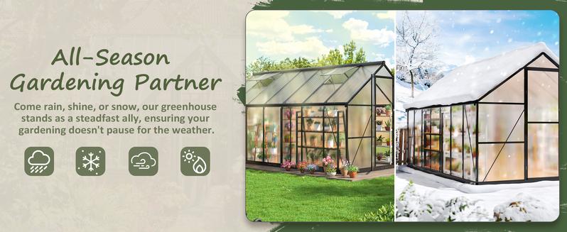 Outdoor Greenhouse crafted from polycarbonate, designed with a rapid assembly framework and enhanced roof ventilation, an aluminum walk-in greenhouse ideal for garden and backyard applications. Outdoor Greenhouse crafted from polycarbonate, designed with a rapid assembly framework and enhanced roof ventilation, an aluminum walk-in greenhouse ideal for garden and backyard applications.