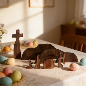Easter Home Altar Set: Empty Tomb & Cross Scene with Wooden Jesus Sign, Tiered Tray Bundle
