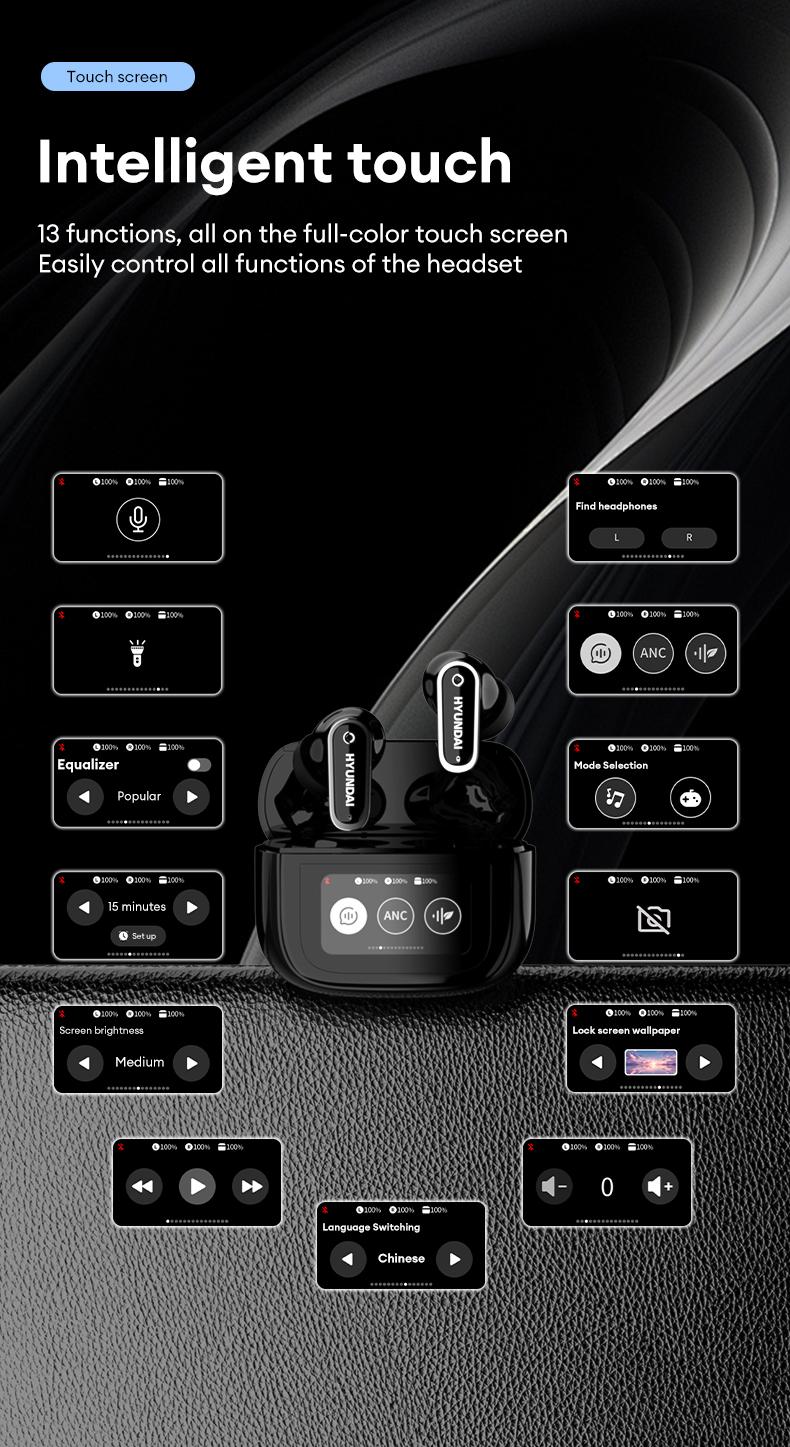 HYUNDAI Y22 In-Ear Wireless Headphones with 2025 Bluetooth 5.4, Touch Smart Screen, ANC Noise Reduction, Anti-Loss Function, High-Fidelity Audio Decoding, Ergonomic Comfortable Fit, Compatible with Mainstream Devices, Earbuds for Music & Calls