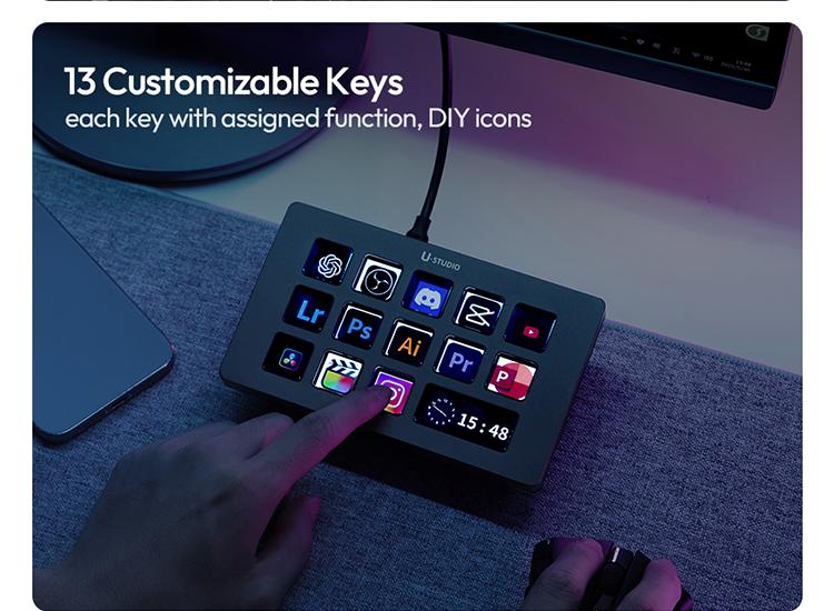 Ulanzi D200H Gaming Stream Controller,Control Pad, 7-in-1 Deck U-Studio Stream Controller Keyboard，with 14 LCD Keys, 13 Customizable Macro Keys Dock to Control Apps and Software, Trigger Actions in OBS, Twitch, YouTube, for Mac/PC