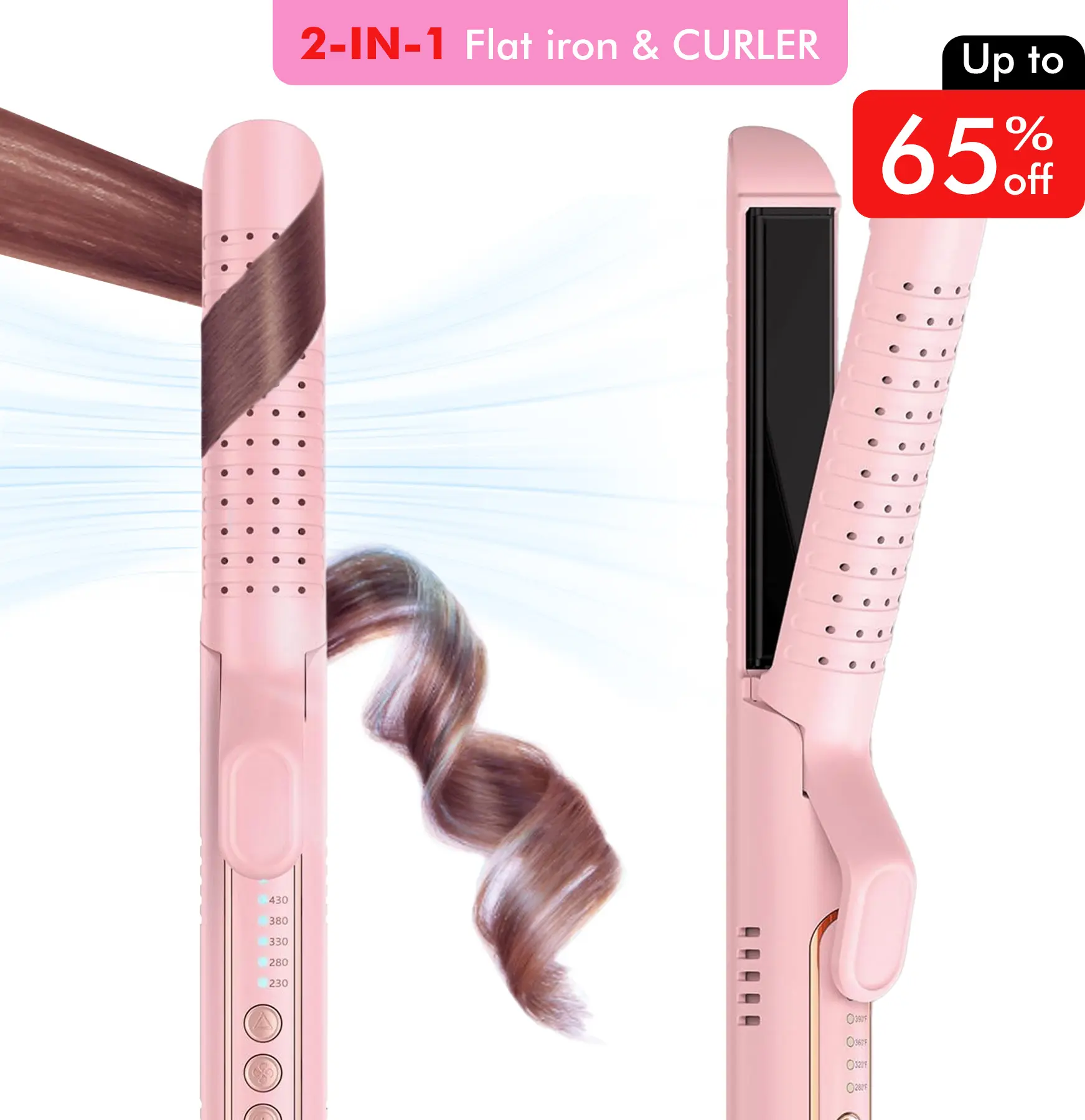 360° Airflow Styler 2-in-1 Hair Curler & Straightener, 5 Adjustable Temps Waver Crimper for Bouncy Curls, Silky Straight Locks, Easy Curls & Wavy Hair Styling, Pink Comfortable Beauty Tool
