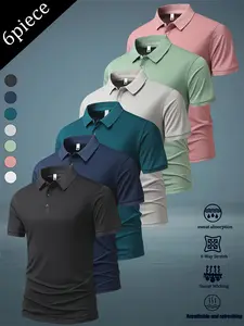 Premium Performance 6-Piece Set: Super breathable, moisture-wicking, 4-way stretch short-sleeve T-shirts with stylish collars; soft, sweat-absorbing, cool for everyday wear; available in a wide range of colors.