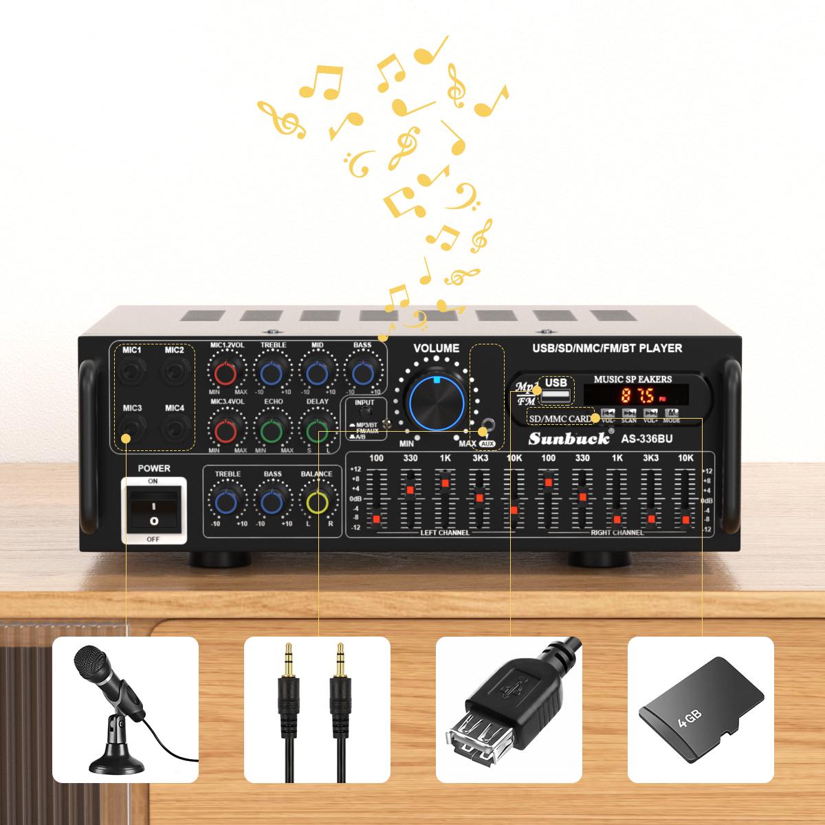 Areyourshop Power Amplifier EQ Bluetooth 5.0 Stereo Amplifier with Remote Control Support USB Disk SD Card for Home Cinema Party