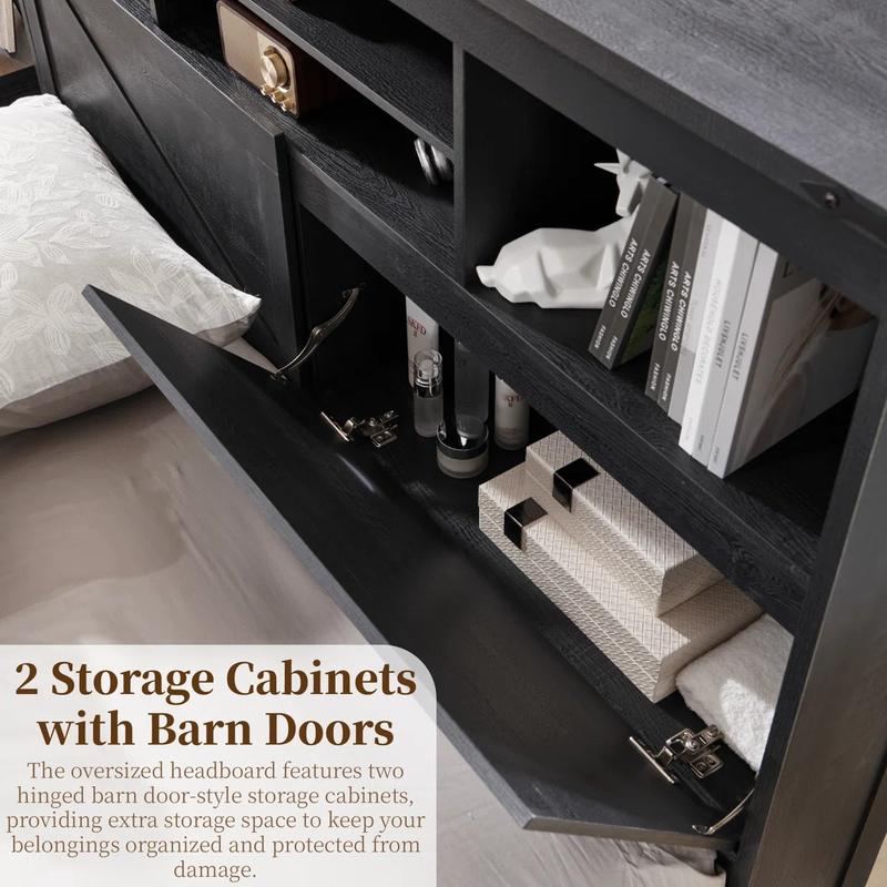 LINGMU Modern King Size Storage Bed Frame with 52” Tall Headboard, Noise-Free Slat Support, 4 Drawers & 2 Cabinets, Black