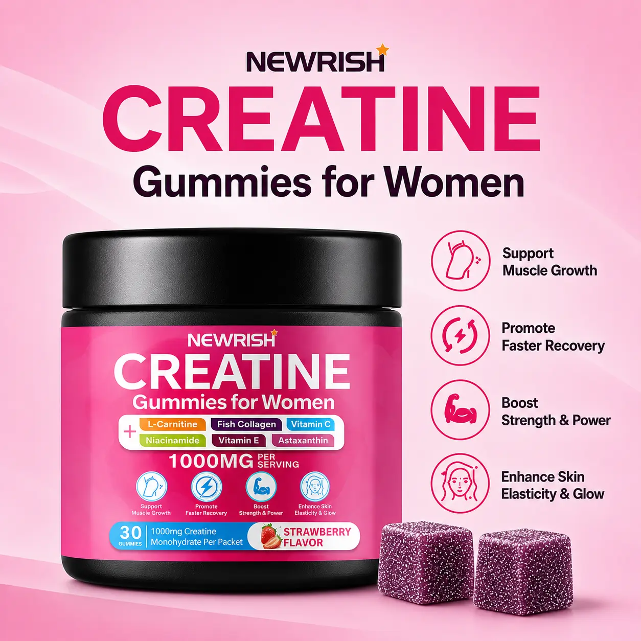 Newrish Creatine for Women, 5g Creatine Monohydrate + 5g Collagen Powder, Myo-Inositol & BCAA, MACA, Hyaluronic Acid, Delicious Peach Flavor, 30 Packets, All-in-One Women Wellness Supplement