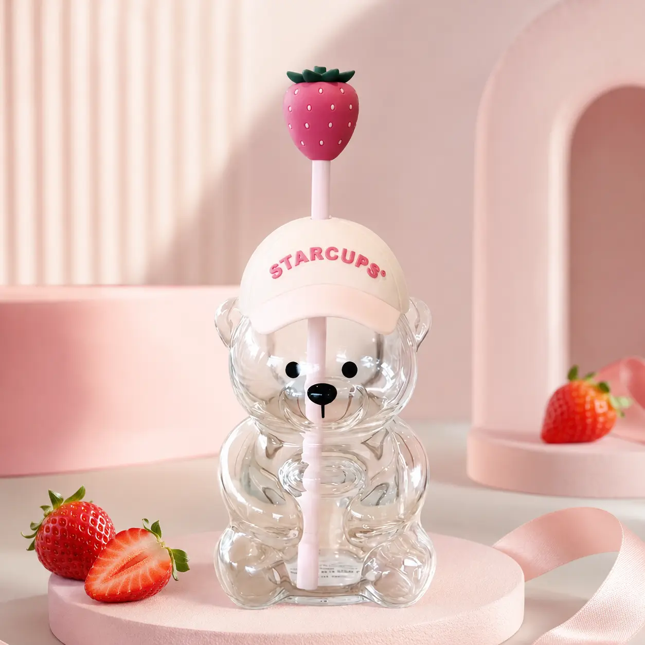 2026 New Cute Beaar Glass Tumbler with Bear Lid & Strawberry Straw, Holiday Teddy Bear Cup，20oz Reusable Aesthetic Teddy Bear Cup for Iced Coffee, Boba Milk Tea, Matcha, Juice, Smoothies & Cold Drinks, Dishwasher Safe