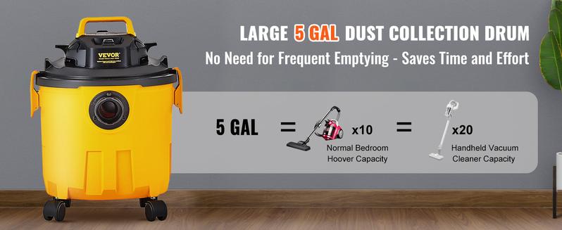 VEVOR Wet Dry Vac, 2.6 Gallon, 2.5 Peak HP, 3 in 1 Portable Shop Vacuum with Blowing Function, Attachments Storage, Perfect for Cleaning Floor, Upholstery, Gap, Car, Black/Yellow, ETL Listed