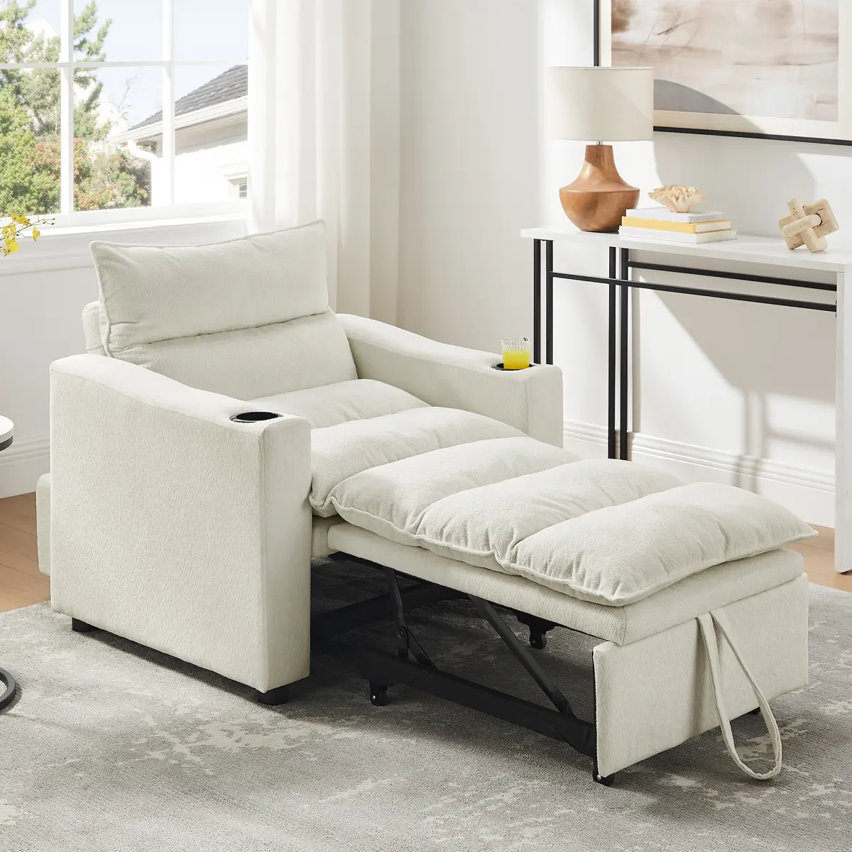3-in-1 Convertible Sleeper Chair Bed - Modern Velvet Durable Furniture, Adjustable Pullout for Small Living Room/Apartment, Beige, 330 lbs Weight Capacity, Assembly Required