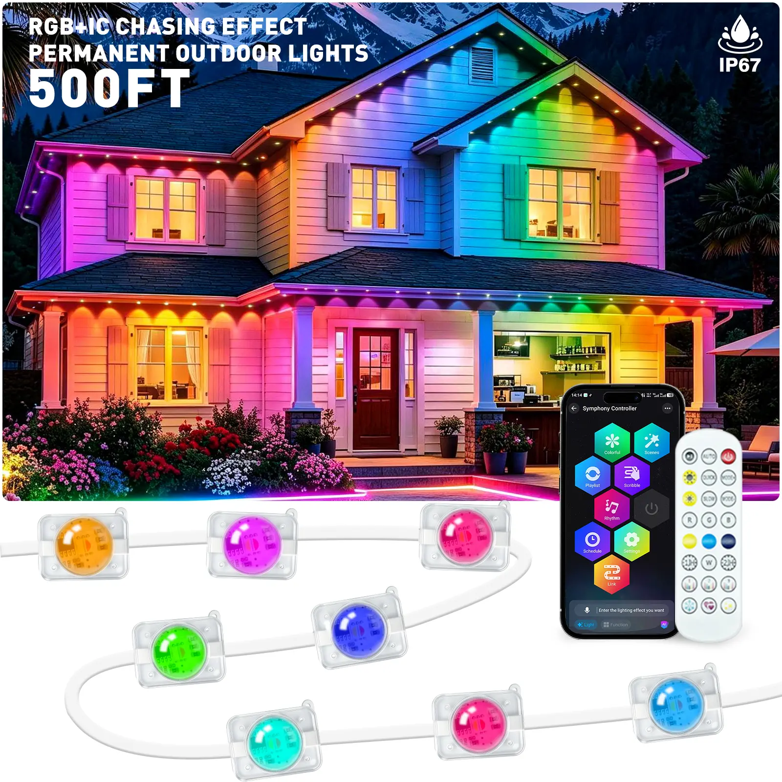 SINLEY Permanent Waterproof RGB IC LED Outdoor Light Fixtures, Smart App & Remote Control, DIY Scene Modes, Music Sync, Modern Holiday Eaves Lights for Garden Decor, Modern Holiday Lighting