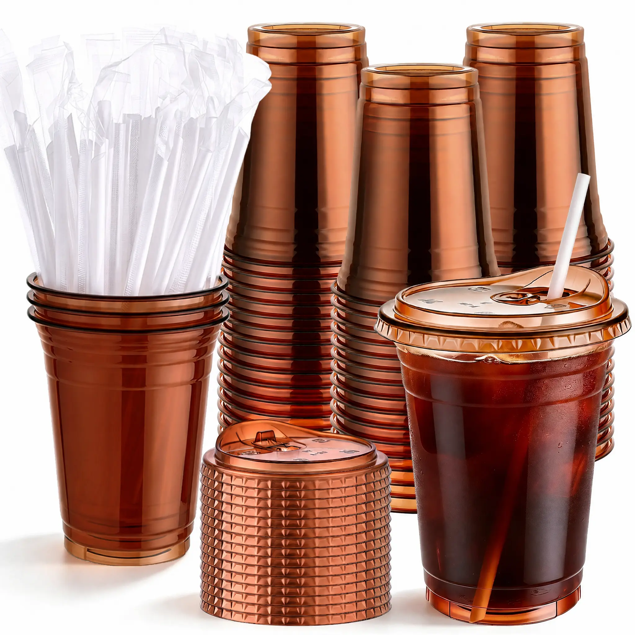 16 oz Amber Brown Thick Disposable PET Plastic Cups with Lids & Straws, 50-Pack BPA-Free Leak-Proof To-Go Cold Containers, Car Cup Holder-Friendly for Iced Coffee, Party Use