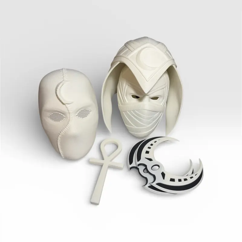 Fully wearable Moon Knight helmet, Mr. Moon Knight, Magnetic closure, Crescent Dart, Ankh, Wall mounted, detailed finish, cosplay-ready.