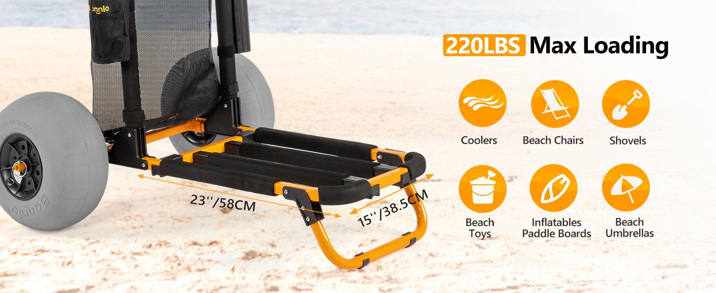 Bonnlo Beach Fishing Cart, Beach Wagon Trolley with 12" Big Balloon Wheels for Sand Foldable Beach Trailer with 23" x 15" Cargo Deck, Fishing Rods Holder, Water Bottle Holder, Mesh Bag, Hand Pump