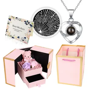 Valentine's Gift - Pink Real Rose Bear, Heart-Designed Necklace, Ideal for Mom's Birthday, Wife's Anniversary, Expressing Love & Eternal Roses  Mother's Day Gift, Romantic Gift