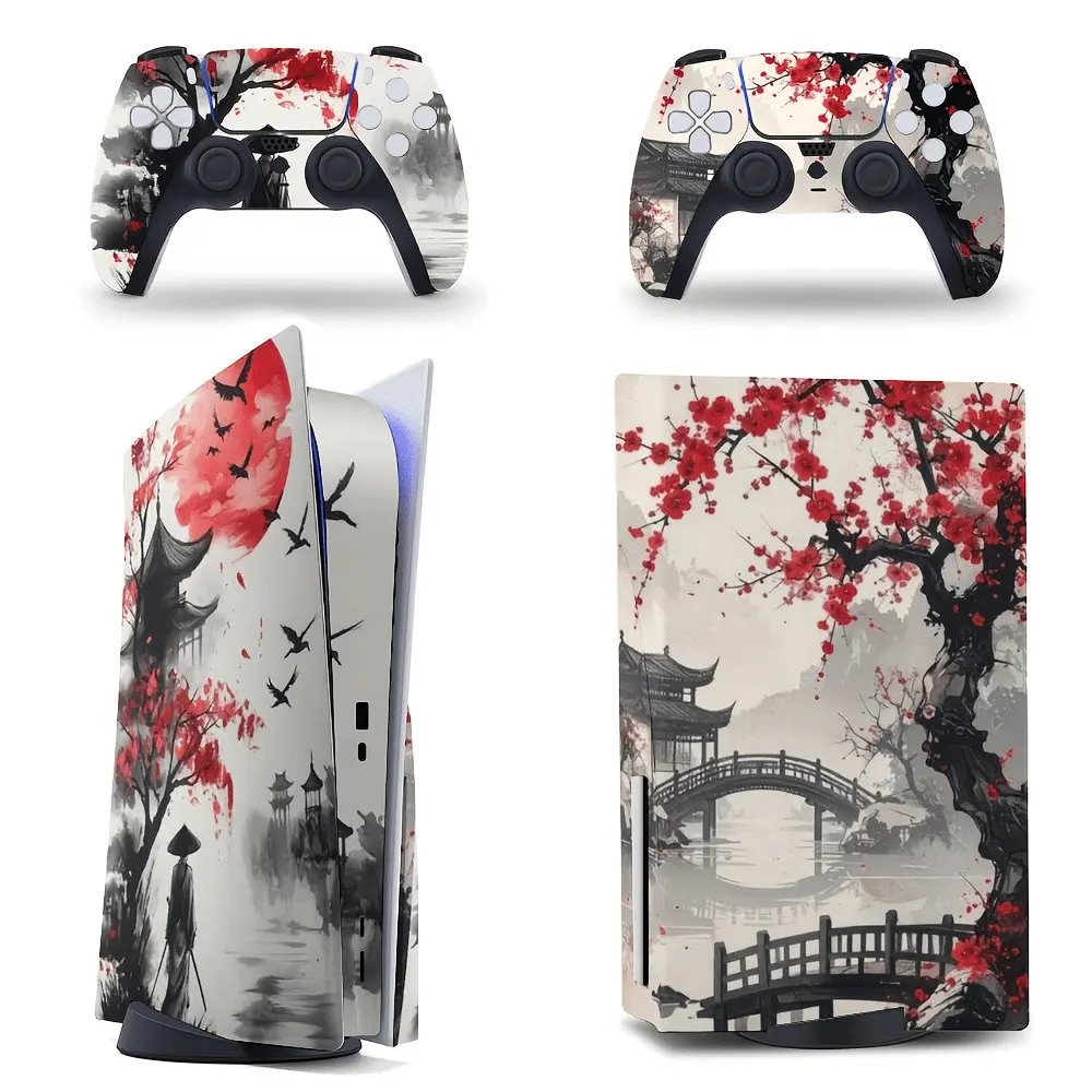 Crimson Sun Samurai Ink Art Design Vinyl Skin Sticker Compatible with PS5 (Disc/Digital), PS5 Slim, PS5 Pro Gaming Console and 2 Controllers, Full Cover Decal Wrap, Gift for Gamers